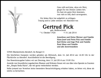 Anzeige von Gertrud Pick von Kölner Stadt-Anzeiger / Kölnische Rundschau / Express