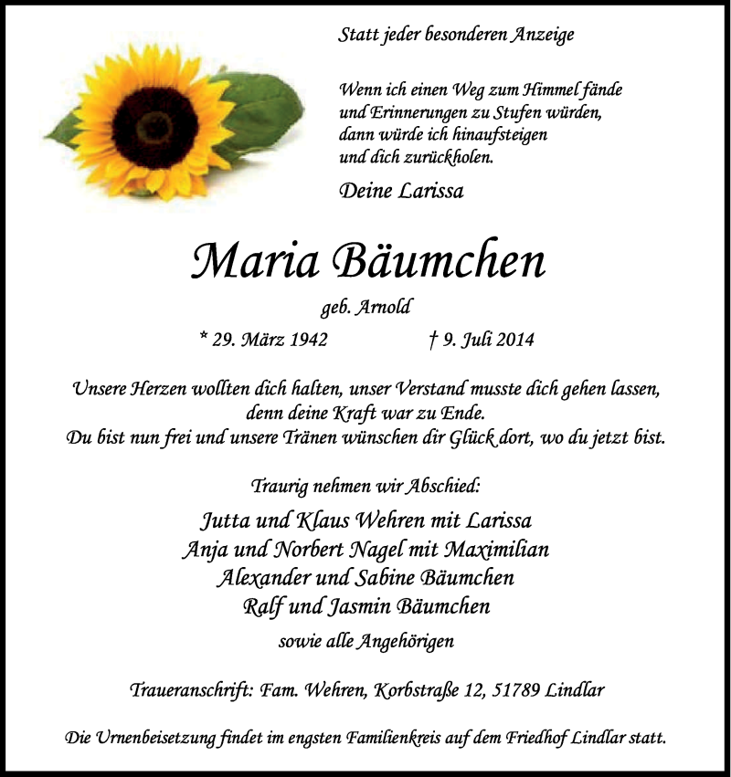  Traueranzeige für Maria Bäumchen vom 12.07.2014 aus Kölner Stadt-Anzeiger / Kölnische Rundschau / Express