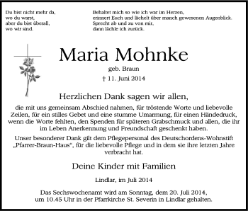 Anzeige von Maria Mohnke von Kölner Stadt-Anzeiger / Kölnische Rundschau / Express