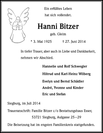 Anzeige von Hanni Bitzer von Kölner Stadt-Anzeiger / Kölnische Rundschau / Express
