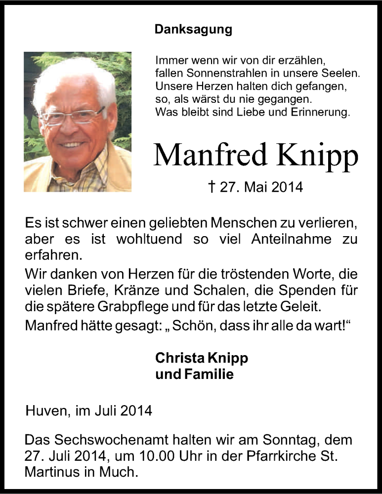 Traueranzeige für Manfred Knipp vom 12.07.2014 aus Kölner Stadt-Anzeiger / Kölnische Rundschau / Express