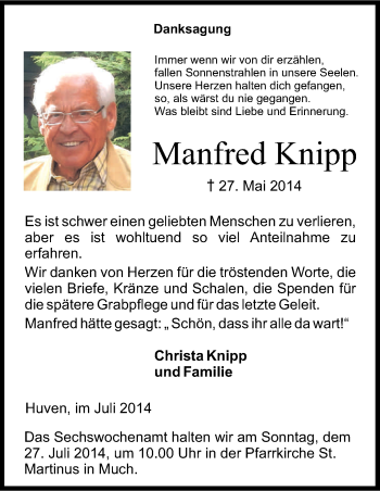 Anzeige von Manfred Knipp von Kölner Stadt-Anzeiger / Kölnische Rundschau / Express