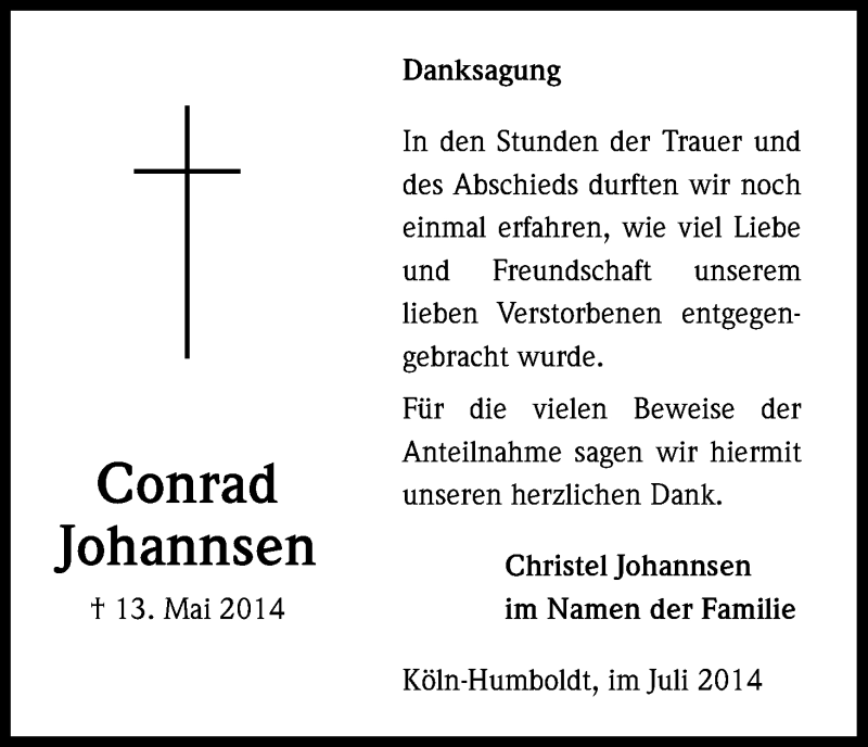  Traueranzeige für Conrad Johannsen vom 12.07.2014 aus Kölner Stadt-Anzeiger / Kölnische Rundschau / Express