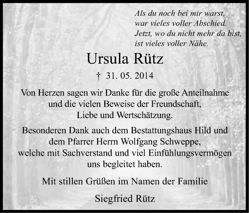  Traueranzeige für Ursula Rütz vom 12.07.2014 aus Kölner Stadt-Anzeiger / Kölnische Rundschau / Express