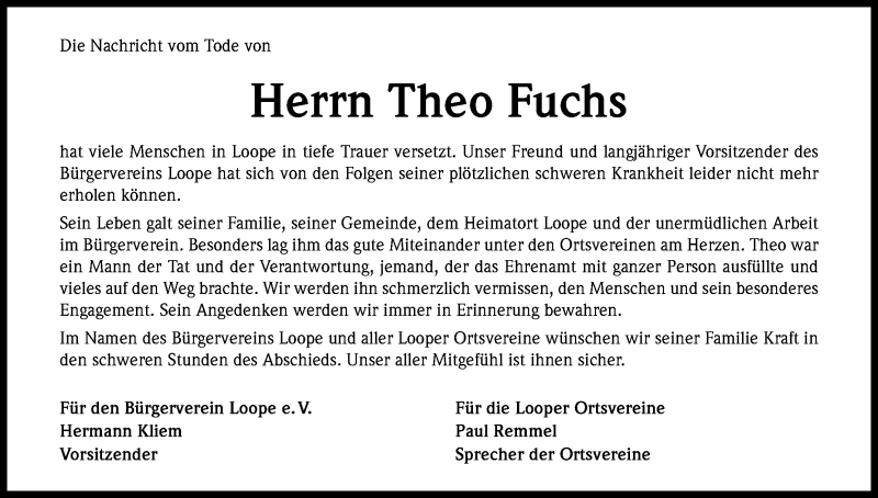  Traueranzeige für Theo Fuchs vom 12.07.2014 aus Kölner Stadt-Anzeiger / Kölnische Rundschau / Express