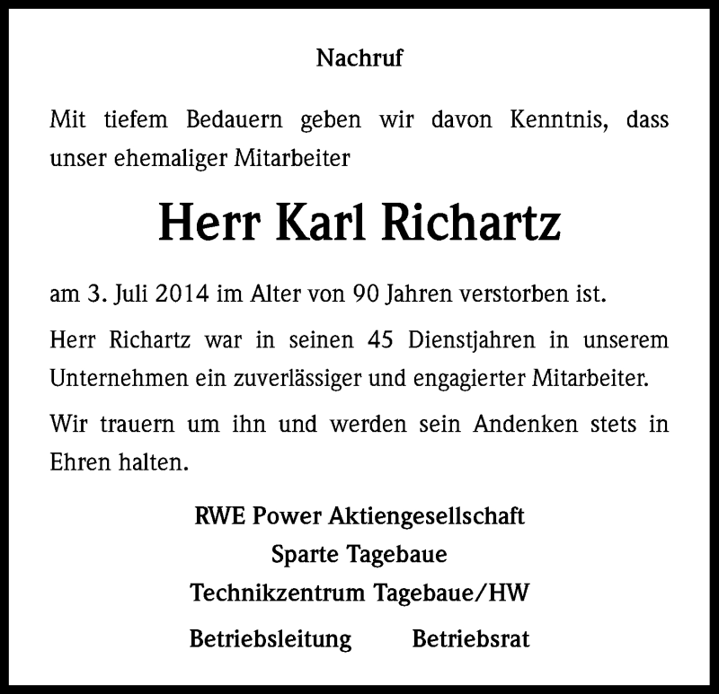  Traueranzeige für Karl Richartz vom 17.07.2014 aus Kölner Stadt-Anzeiger / Kölnische Rundschau / Express