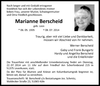 Anzeige von Marianne Berscheid von Kölner Stadt-Anzeiger / Kölnische Rundschau / Express