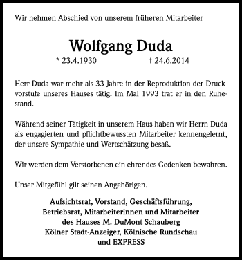 Anzeige von Wolfgang Duda von Kölner Stadt-Anzeiger / Kölnische Rundschau / Express