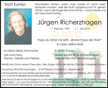 Anzeige von Jürgen Richerzhagen von Kölner Stadt-Anzeiger / Kölnische Rundschau / Express