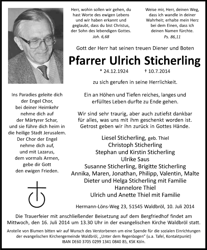  Traueranzeige für Ulrich Sticherling vom 12.07.2014 aus Kölner Stadt-Anzeiger / Kölnische Rundschau / Express