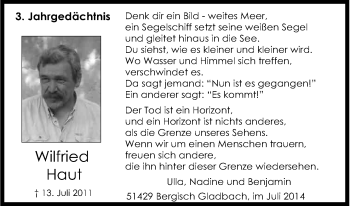 Anzeige von Wilfried Haut von Kölner Stadt-Anzeiger / Kölnische Rundschau / Express