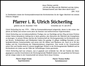Anzeige von Sticherling Ulrich von Kölner Stadt-Anzeiger / Kölnische Rundschau / Express