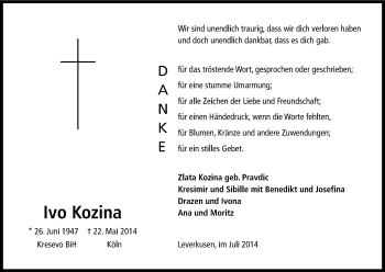 Anzeige von Ivo Kozina von Kölner Stadt-Anzeiger / Kölnische Rundschau / Express