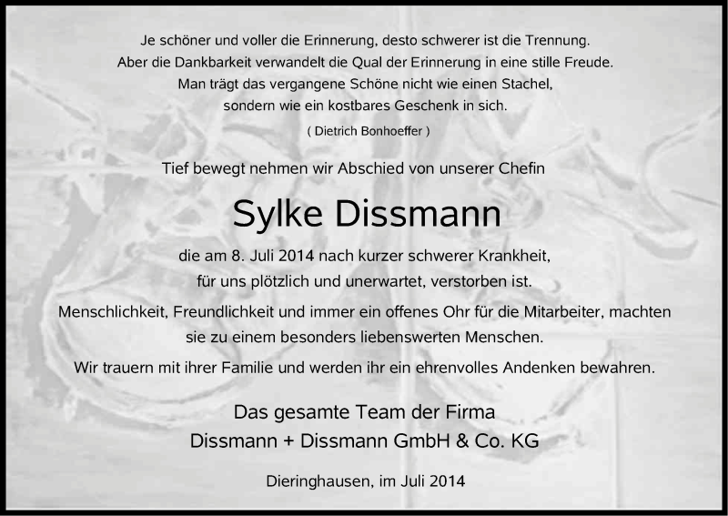  Traueranzeige für Sylke Dissmann vom 12.07.2014 aus Kölner Stadt-Anzeiger / Kölnische Rundschau / Express