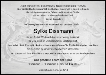 Anzeige von Sylke Dissmann von Kölner Stadt-Anzeiger / Kölnische Rundschau / Express