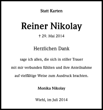 Anzeige von Reiner Nikolay von Kölner Stadt-Anzeiger / Kölnische Rundschau / Express