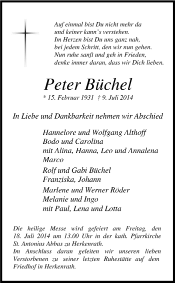 Anzeige von Peter Büchel von Kölner Stadt-Anzeiger / Kölnische Rundschau / Express