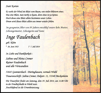 Anzeige von Inge Faulenbach von Kölner Stadt-Anzeiger / Kölnische Rundschau / Express