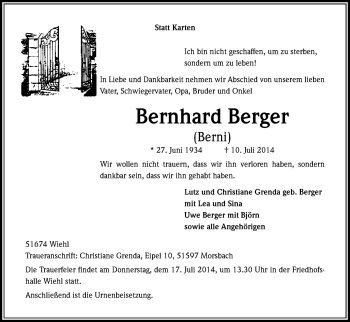 Anzeige von Bernhard Berger von Kölner Stadt-Anzeiger / Kölnische Rundschau / Express