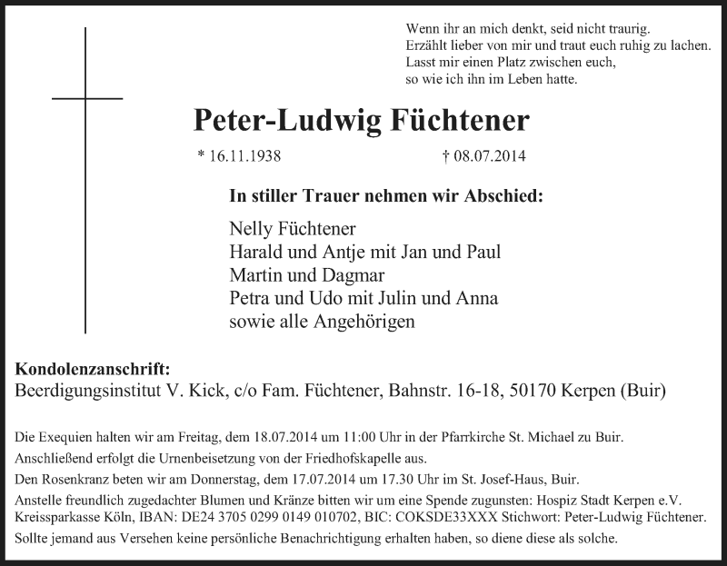  Traueranzeige für Peter-Ludwig Füchtener vom 12.07.2014 aus Kölner Stadt-Anzeiger / Kölnische Rundschau / Express