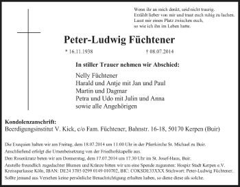 Anzeige von Peter-Ludwig Füchtener von Kölner Stadt-Anzeiger / Kölnische Rundschau / Express