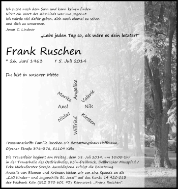 Anzeige von Frank Ruschen von Kölner Stadt-Anzeiger / Kölnische Rundschau / Express