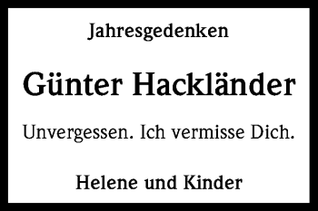 Anzeige von Günter Hackländer von Kölner Stadt-Anzeiger / Kölnische Rundschau / Express