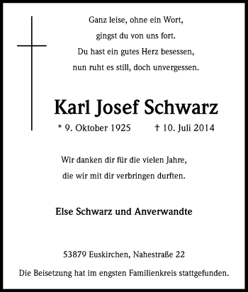 Anzeige von Karl Josef Schwarz von Kölner Stadt-Anzeiger / Kölnische Rundschau / Express