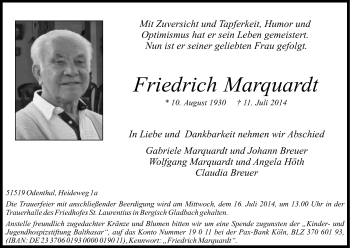 Anzeige von Friedrich Marquardt von Kölner Stadt-Anzeiger / Kölnische Rundschau / Express