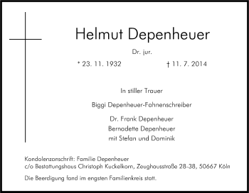 Anzeige von Helmut Depenheuer von Kölner Stadt-Anzeiger / Kölnische Rundschau / Express