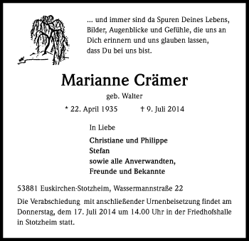 Anzeige von Marianne Crämer von Kölner Stadt-Anzeiger / Kölnische Rundschau / Express