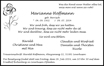 Anzeige von Marianne Hoffmann von Kölner Stadt-Anzeiger / Kölnische Rundschau / Express