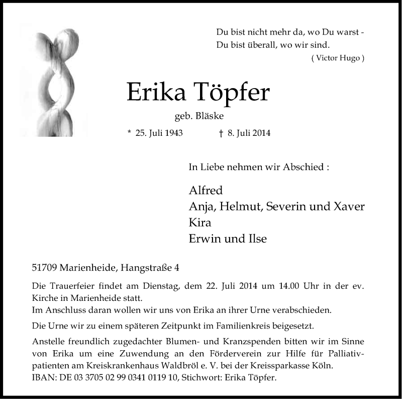  Traueranzeige für Erika Töpfer vom 14.07.2014 aus Kölner Stadt-Anzeiger / Kölnische Rundschau / Express