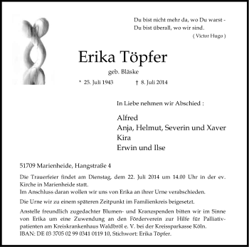 Anzeige von Erika Töpfer von Kölner Stadt-Anzeiger / Kölnische Rundschau / Express