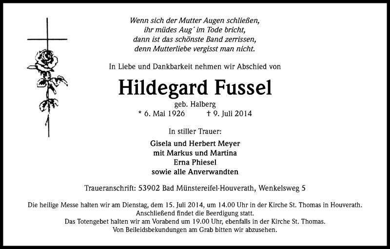  Traueranzeige für Hildegard Fussel vom 14.07.2014 aus Kölner Stadt-Anzeiger / Kölnische Rundschau / Express