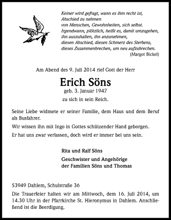 Anzeige von Erich Söns von Kölner Stadt-Anzeiger / Kölnische Rundschau / Express