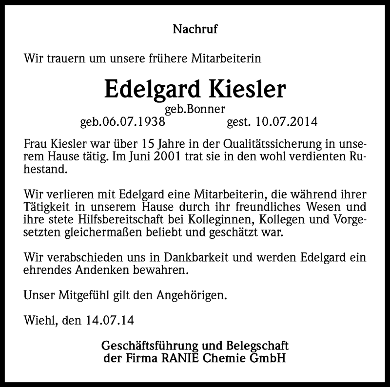 Traueranzeige für Edelgard Kiesler vom 14.07.2014 aus Kölner Stadt-Anzeiger / Kölnische Rundschau / Express