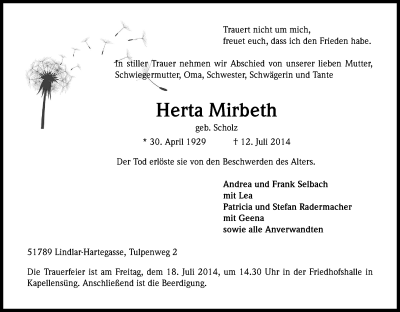  Traueranzeige für Herta Mirbeth vom 15.07.2014 aus Kölner Stadt-Anzeiger / Kölnische Rundschau / Express