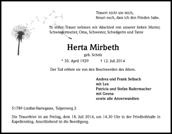 Anzeige von Herta Mirbeth von Kölner Stadt-Anzeiger / Kölnische Rundschau / Express