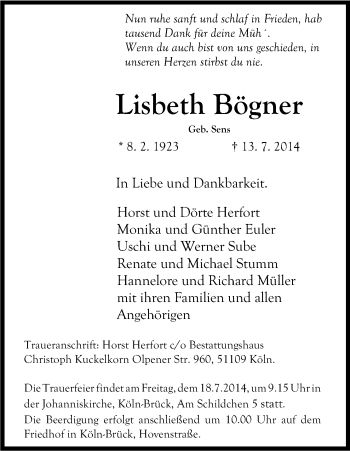 Anzeige von Lisbeth Bögner von Kölner Stadt-Anzeiger / Kölnische Rundschau / Express