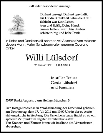 Anzeige von Willi Lülsdorf von Kölner Stadt-Anzeiger / Kölnische Rundschau / Express