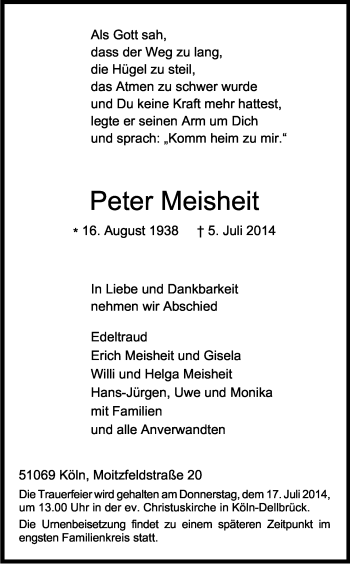 Anzeige von Peter Meisheit von Kölner Stadt-Anzeiger / Kölnische Rundschau / Express