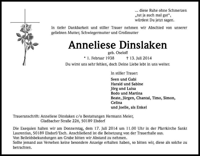  Traueranzeige für Anneliese Dinslaken vom 15.07.2014 aus Kölner Stadt-Anzeiger / Kölnische Rundschau / Express