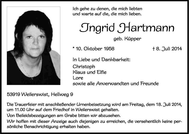  Traueranzeige für Ingrid Hartmann vom 15.07.2014 aus Kölner Stadt-Anzeiger / Kölnische Rundschau / Express