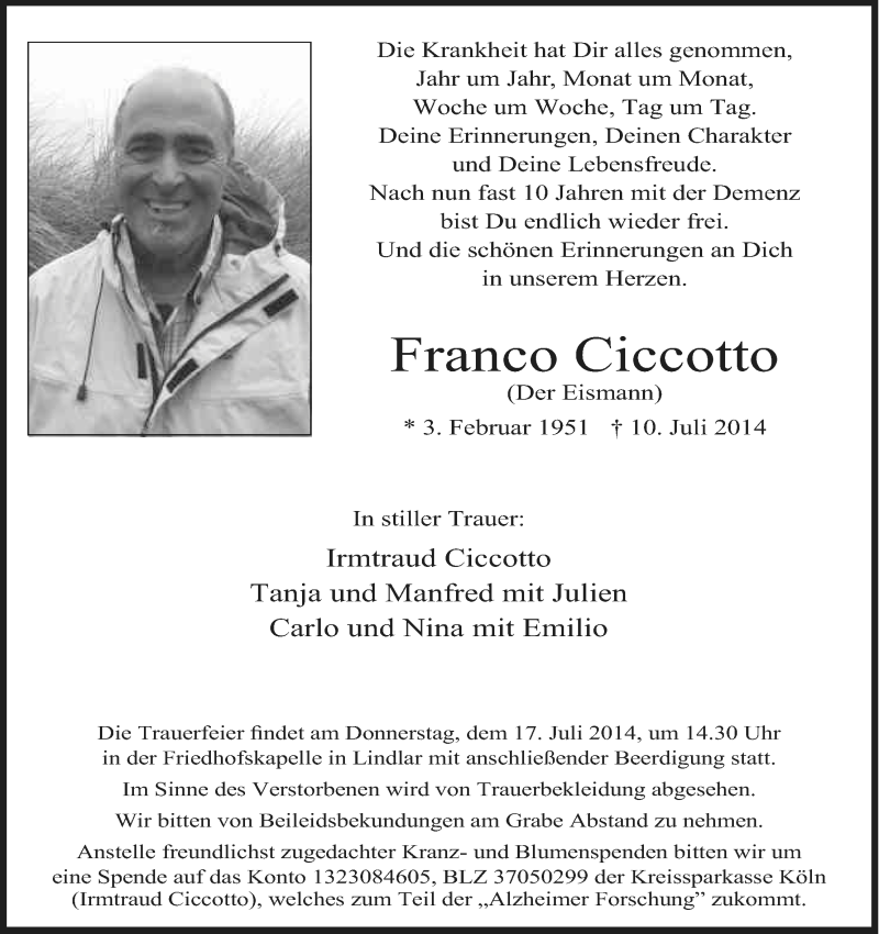  Traueranzeige für Franco Ciccotto vom 15.07.2014 aus Kölner Stadt-Anzeiger / Kölnische Rundschau / Express