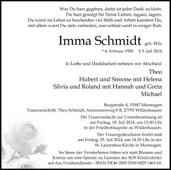 Anzeige von Imma Schmidt von Kölner Stadt-Anzeiger / Kölnische Rundschau / Express