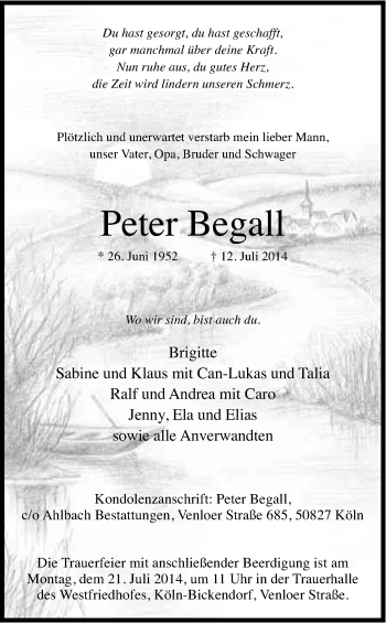Anzeige von Peter Begall von Kölner Stadt-Anzeiger / Kölnische Rundschau / Express