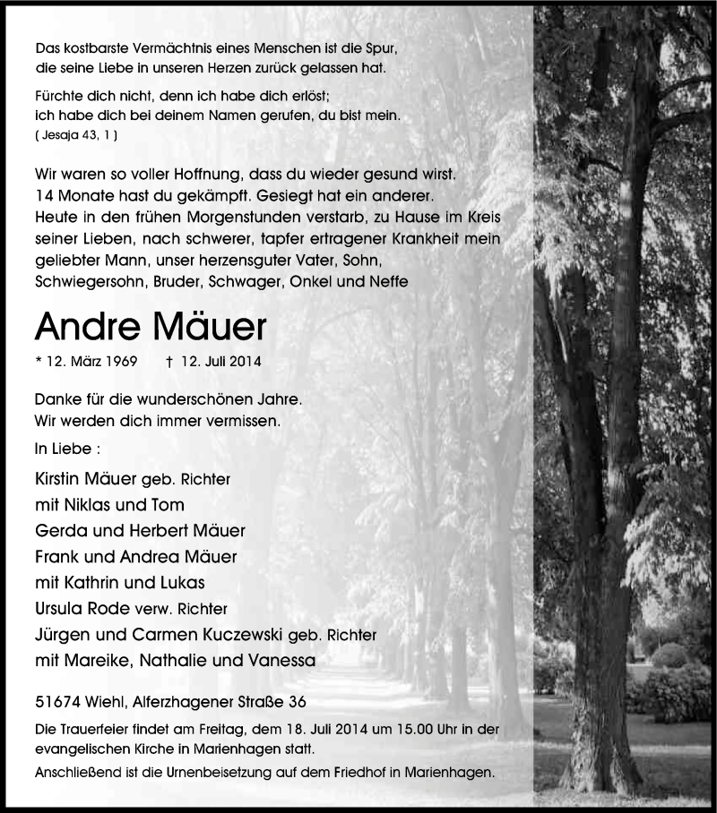  Traueranzeige für Andre Mäuer vom 15.07.2014 aus Kölner Stadt-Anzeiger / Kölnische Rundschau / Express