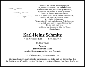 Anzeige von Karl-Heinz Schmitz von Kölner Stadt-Anzeiger / Kölnische Rundschau / Express