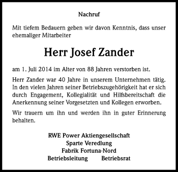 Anzeige von Josef Zander von Kölner Stadt-Anzeiger / Kölnische Rundschau / Express